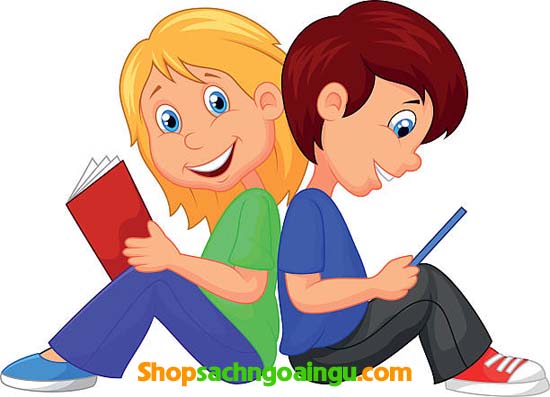 Cartoon Boy and girl reading book - Nhà Sách Ngoại Ngữ